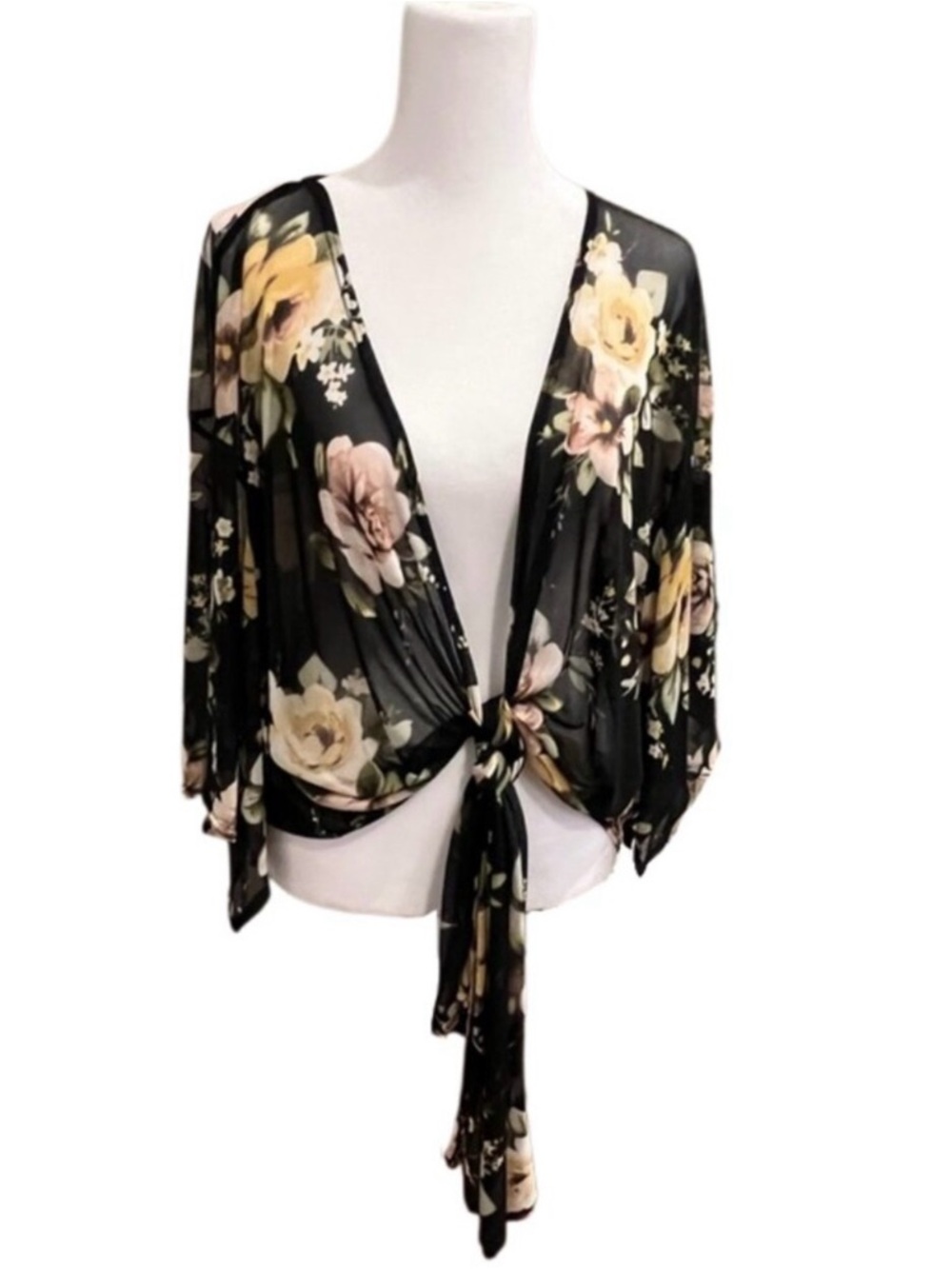 Black Bead Black Sheer Floral Tie-Front Blouse